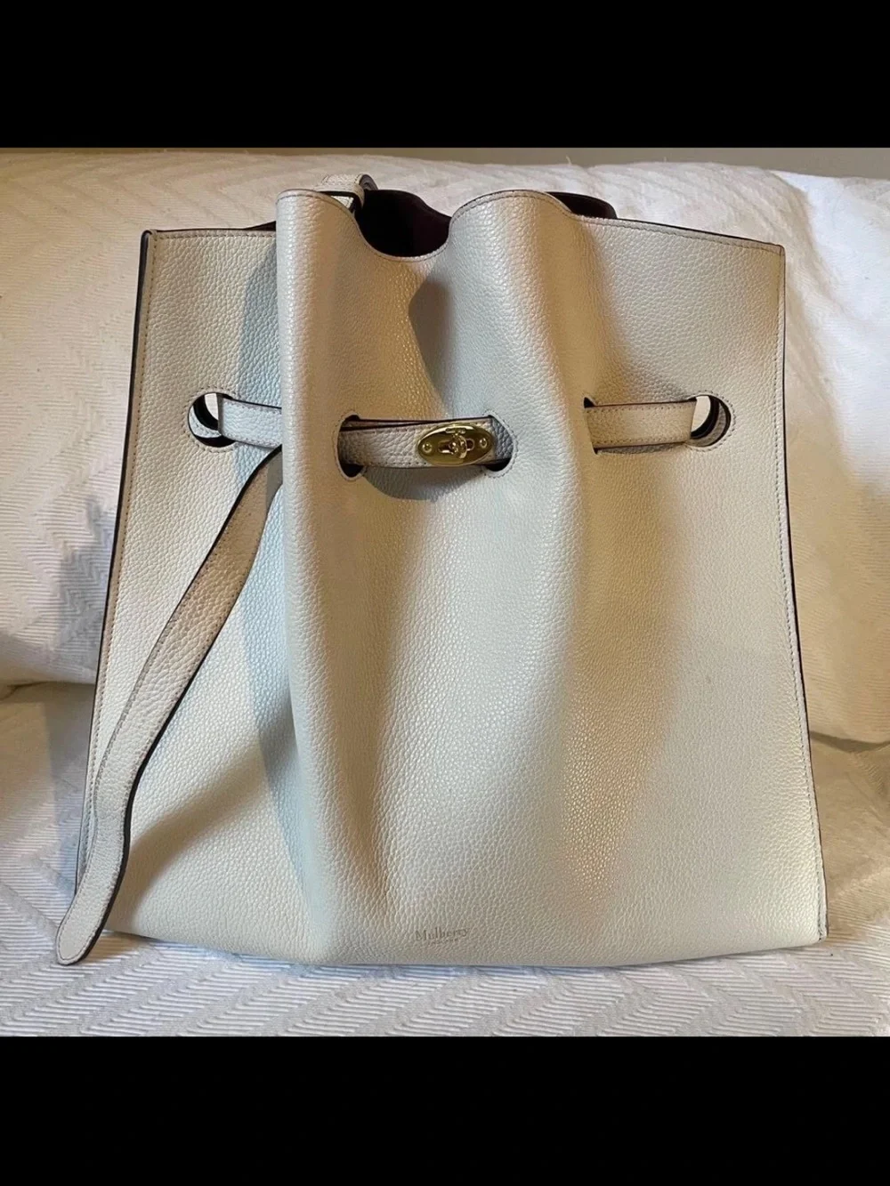 Mulberry Cream Leather Drawstring Tote with Gold-Tone Lock